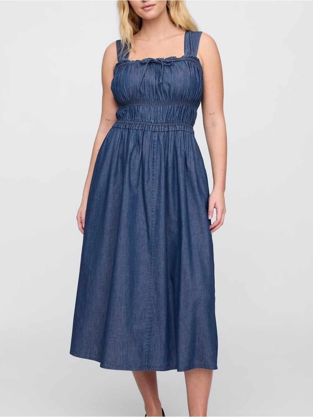 Gap Denim Milkmaid Cotton Western Smocked Tie Front Midi Casual Dress, Size XL - Picture 15 of 15